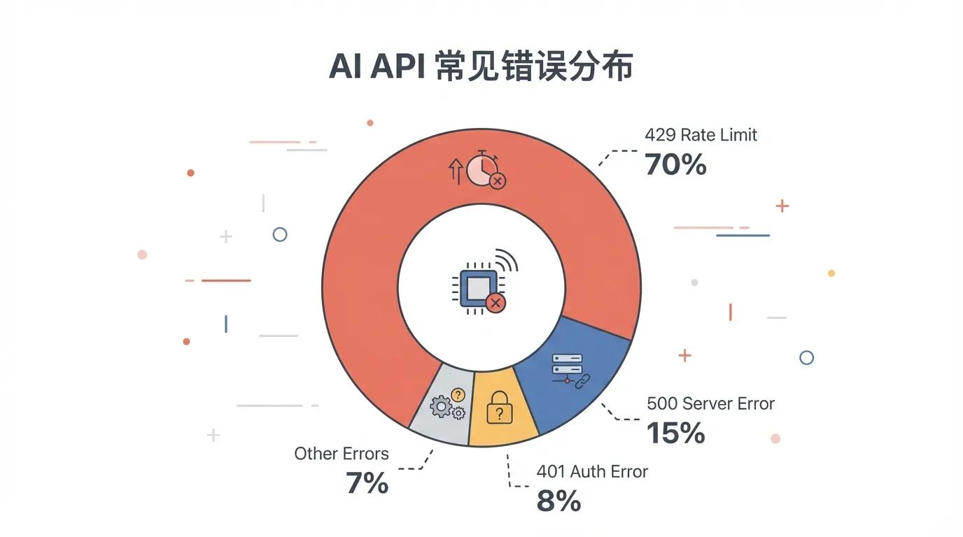 Распределение типичных ошибок AI API: 429 — 70%, 500-серия — 15%, аутентификация — 8%, параметры — 7%