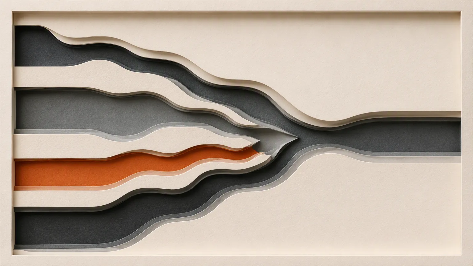 Four channels of different widths converging into one wider channel, cut from stacked layers of cream and charcoal paper with a single orange layer