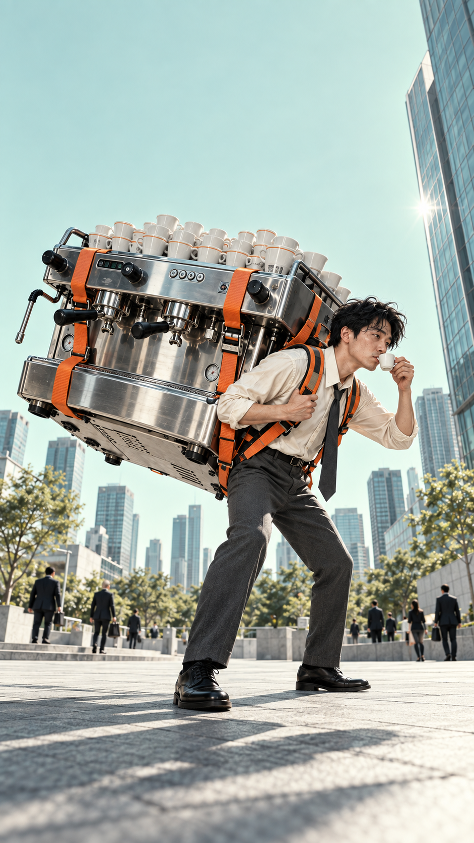 Concept reference of a man carrying a giant coffee machine