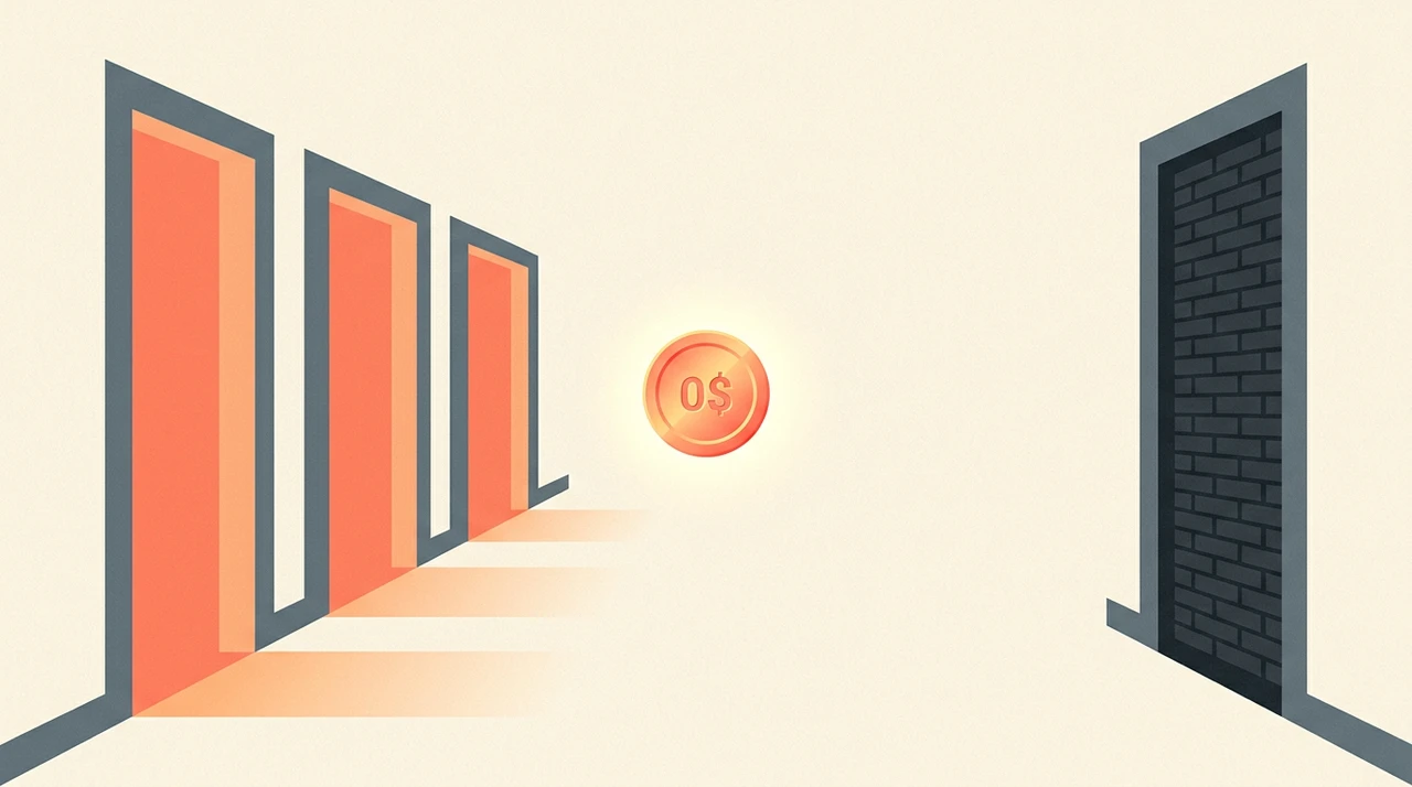 Four bright channels leading to a single glowing $0 token and a fifth bricked-up dark doorway beside them, flat editorial illustration in slate-grey and coral on cream paper