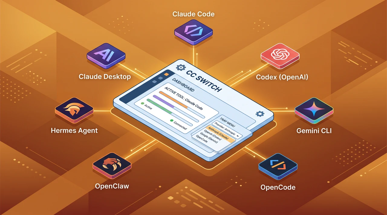 Flat illustration of the CC Switch dashboard with seven CLI tool icons (Claude Code, Codex, Gemini CLI, OpenCode, OpenClaw, Hermes, Claude Desktop) routed through a single switcher panel, warm amber background