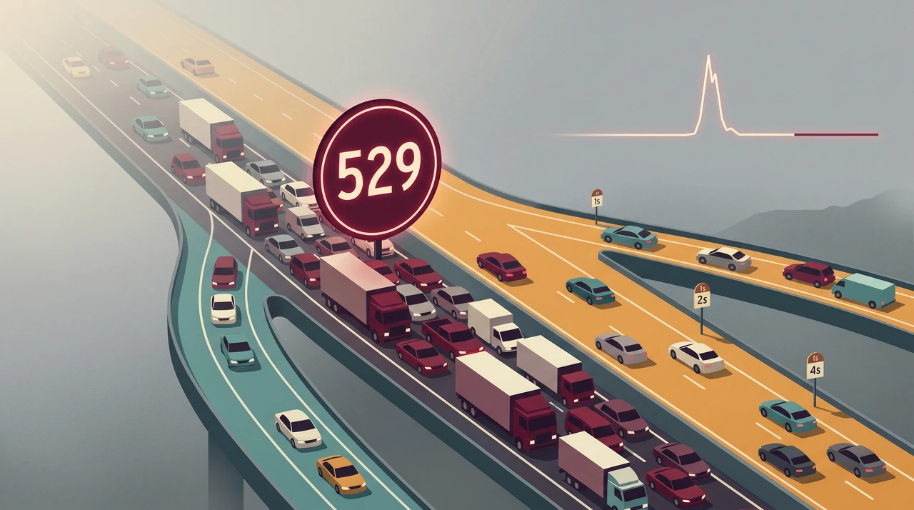 Editorial illustration of a saturated highway sign showing 529 with a parallel exit ramp diverting traffic to alternate routes — visual metaphor for Claude API overload and multi-provider failover