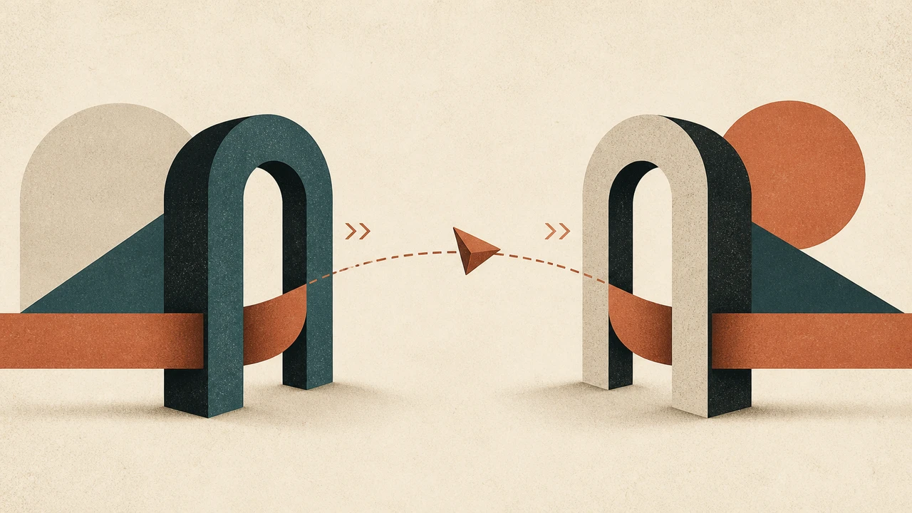 A geometric cursor arrow moving from one stylized folder shape to another with a continuous horizontal ribbon connecting both, symbolizing prompt cache preservation across directories