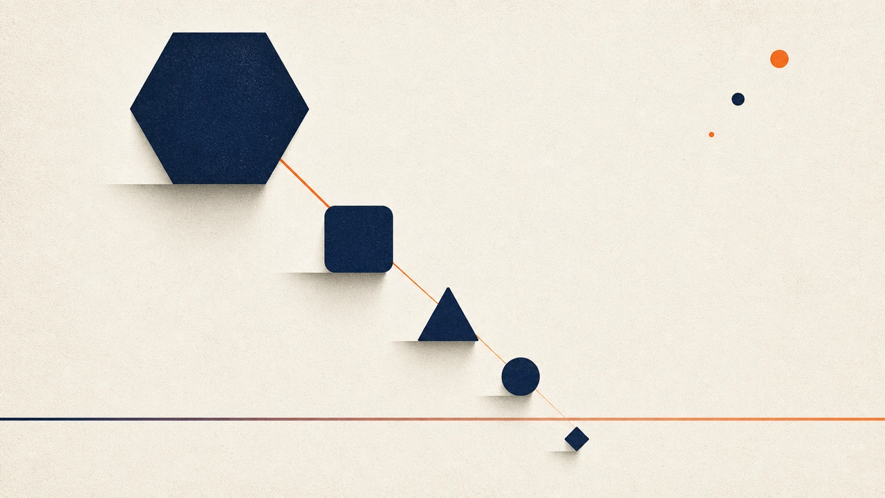 A layered isometric illustration of cascading task panels at five depth levels, each panel a distinct geometric shape, connected by thin lines that thin out as they descend, representing nested Claude Code sub-agents and budget decay