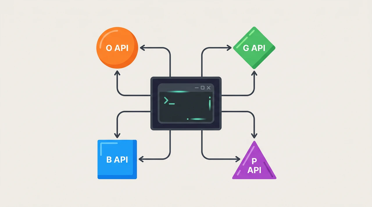 Four stylized API endpoint nodes connected to a terminal window, representing backend switching in Claude Code