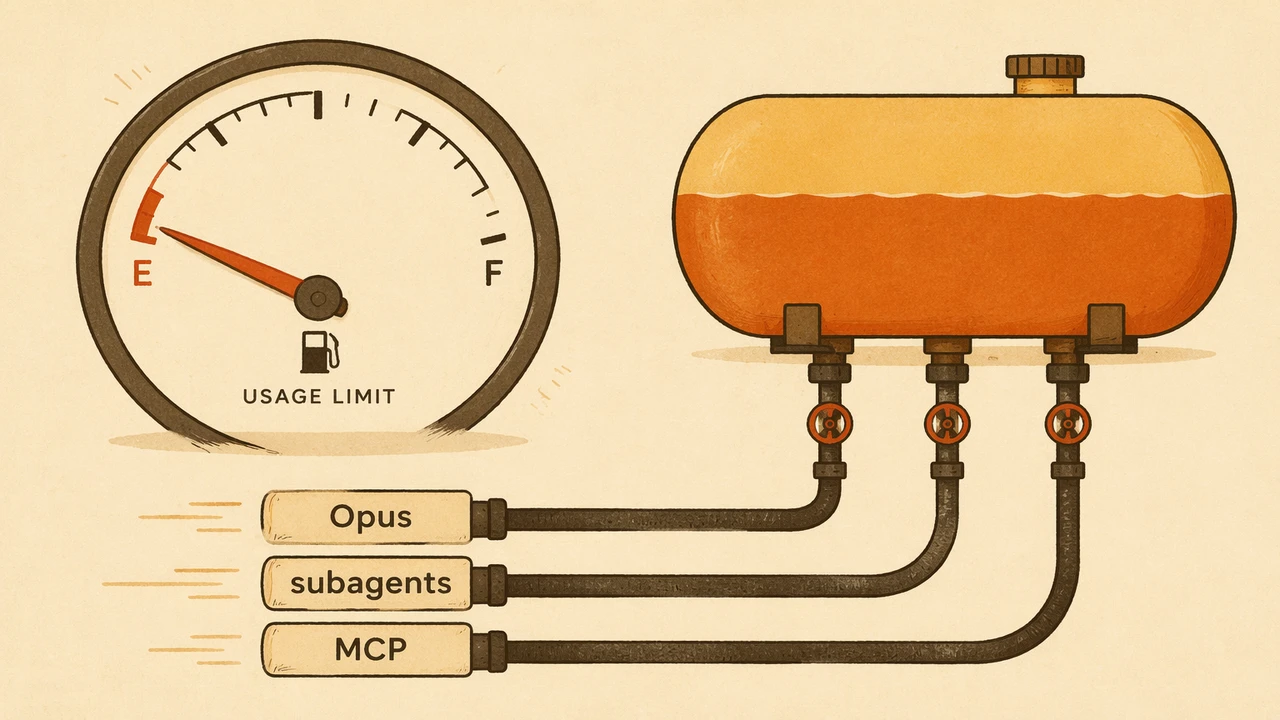 An editorial illustration of a fuel-gauge-style quota meter draining from full to empty, with small Opus, subagent, and MCP icons siphoning from the tank.
