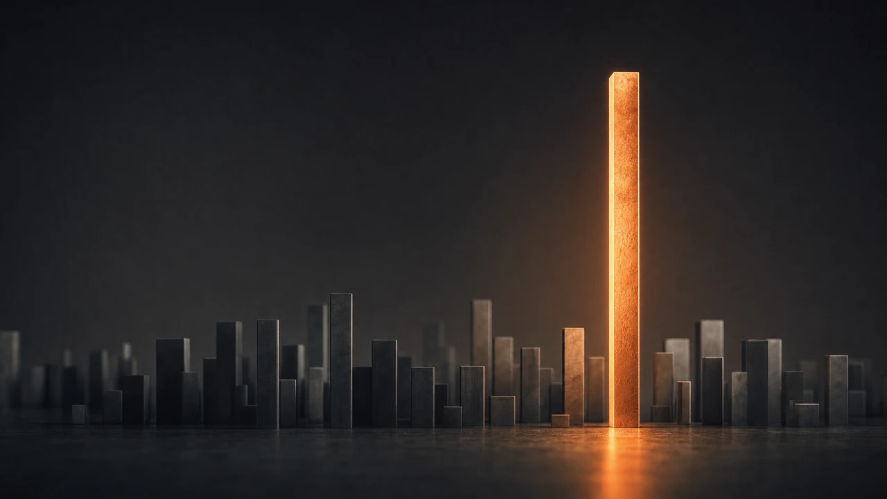 Abstract bar-chart skyline where one column rises far above the rest, lit warm against a dark field, representing Opus 4.8 topping the leaderboard