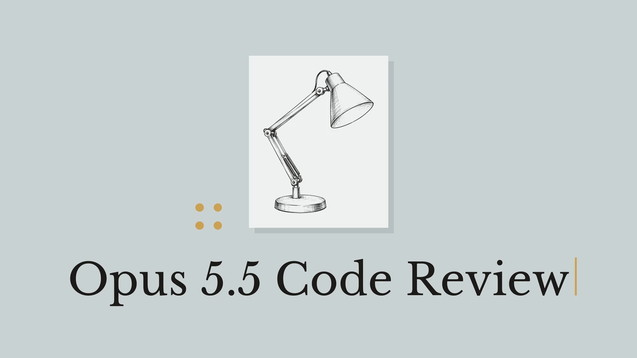 蓝灰背景，浅色卡纸上的台灯黑色线稿，配圆点和 Opus 5.5 Code Review 英文标题。