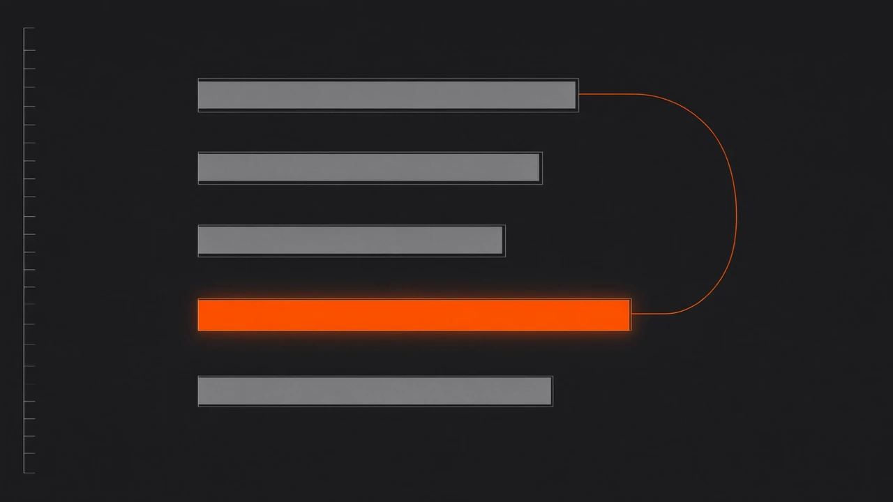 Five stacked selector bars of decreasing length on a dark charcoal field, the fourth lit in glowing orange, with a thin orange routing line curving down from the topmost bar to the lit one, illustrating a deliberate step back to an earlier model version