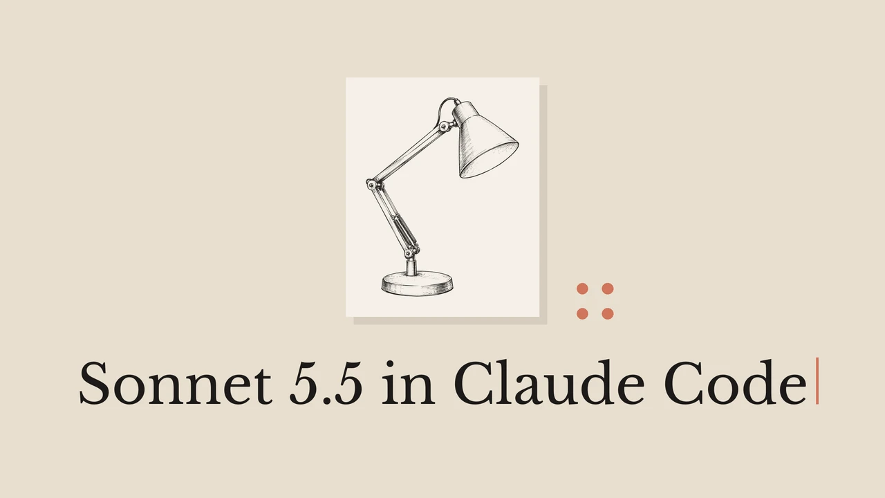 Линейная иллюстрация настольной лампы с заголовком Sonnet 5.5 in Claude Code.
