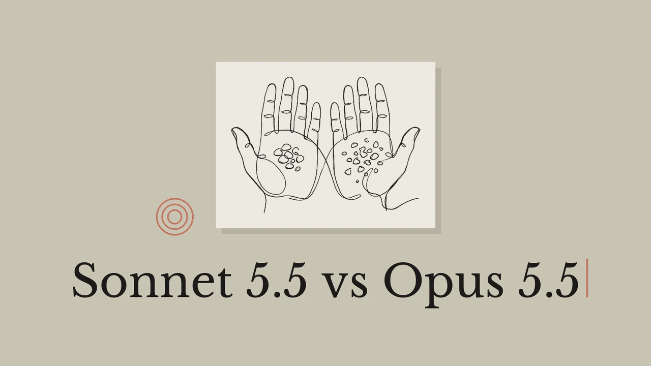 手の線画と「Sonnet 5.5 vs Opus 5.5」のタイトル。