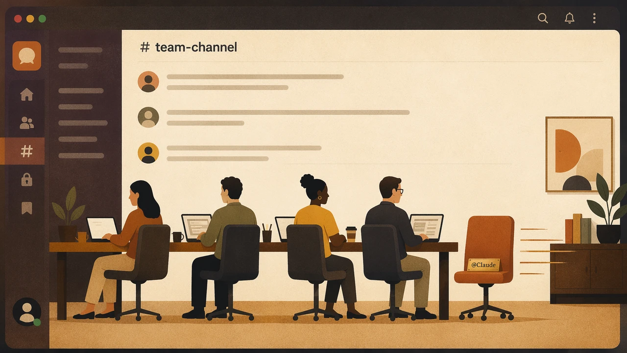Slack 風のチームチャンネルで、@Claude のネームプレートが付いた空席が、人で埋まったデスクの列に加わる様子