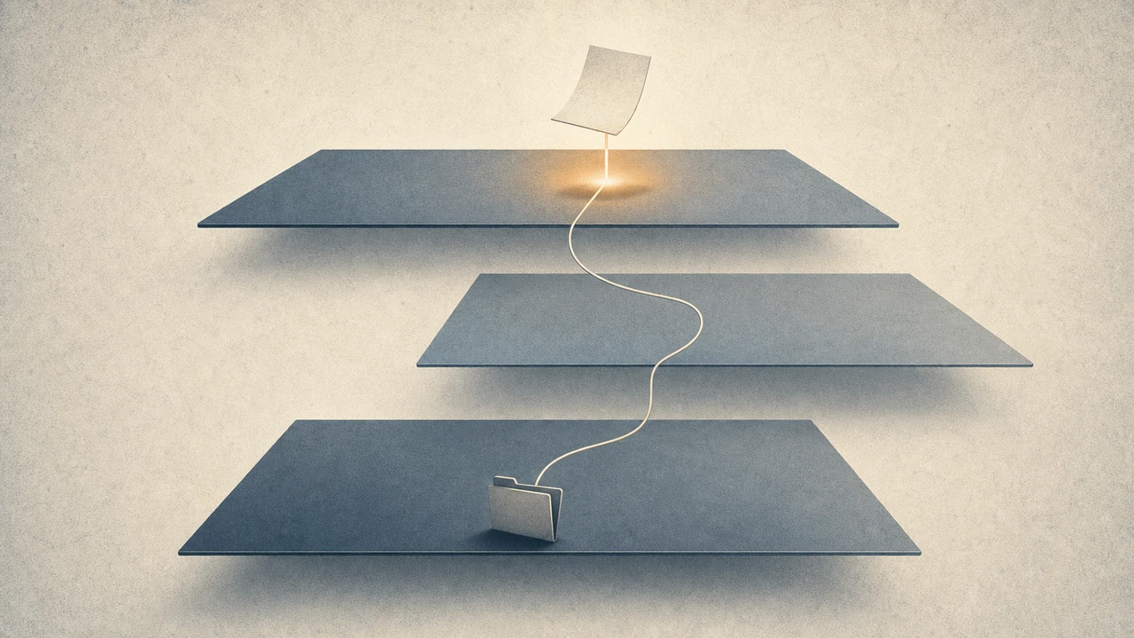 Editorial illustration of a folder linked to a floating instruction document through three stacked filesystem panels, one panel offset to suggest a broken symlink, in muted indigo and warm amber with film-grain texture
