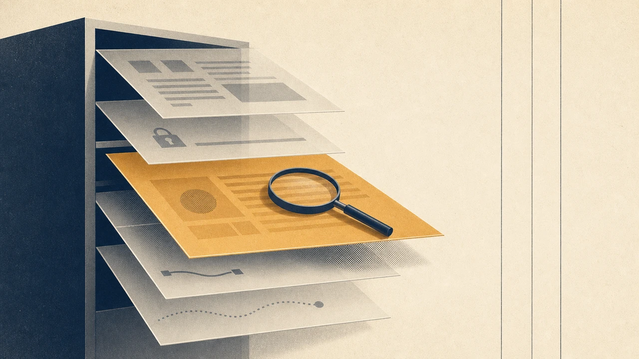Editorial illustration of a layered Swiss-style filing system with one drawer pulled open, suggesting nested configuration scopes