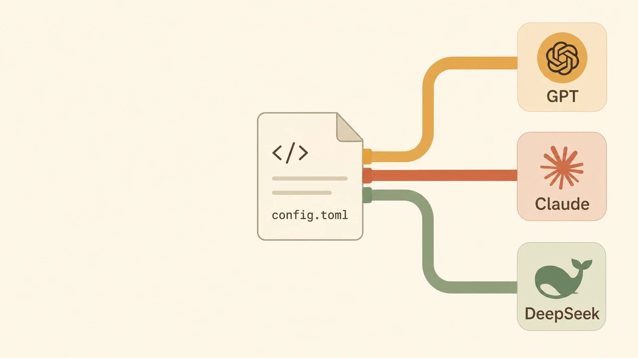 Flat illustration showing the Codex CLI terminal routing to three labeled model endpoints through a single config.toml file