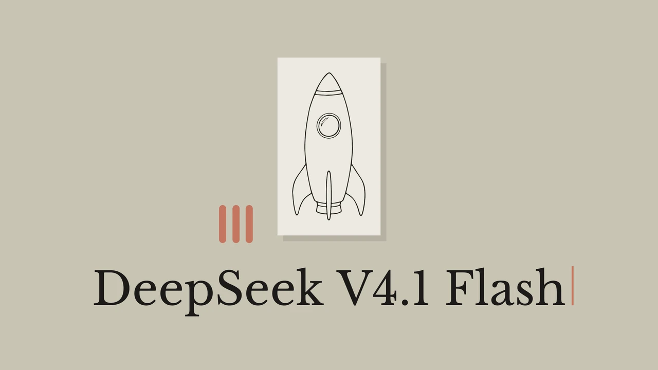 Ракета чёрной тушью на светлой бумаге, оливково-серый фон и заголовок DeepSeek V4.1 Flash.