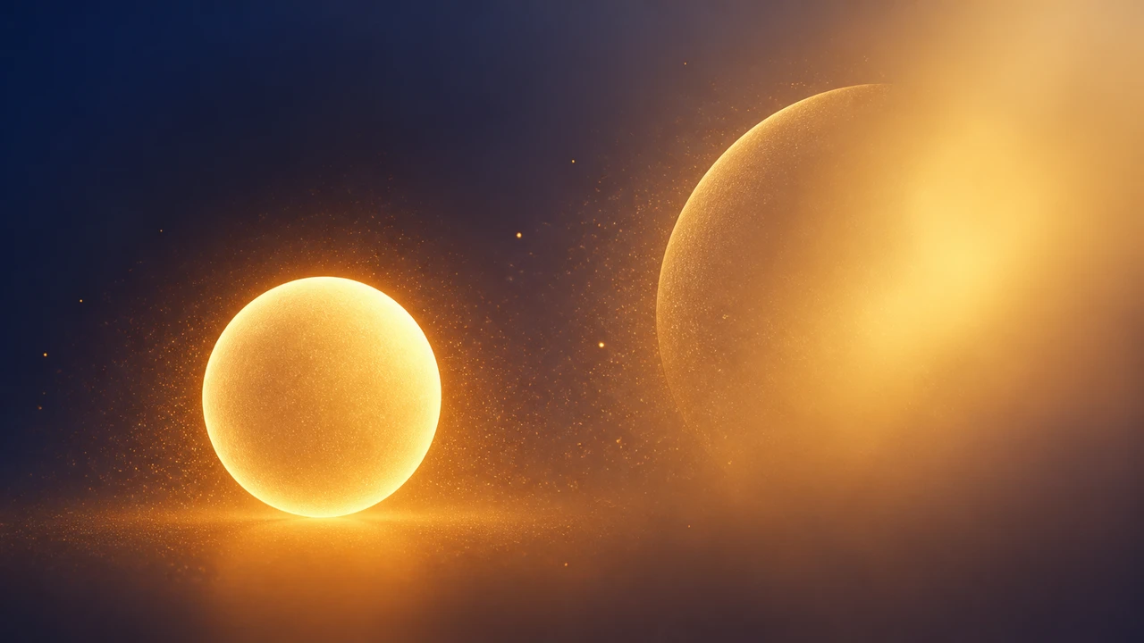 Abstract gradient with two glowing orbs, one bright and one half-revealed behind a soft haze, on a deep indigo-to-amber backdrop suggesting an upcoming launch.