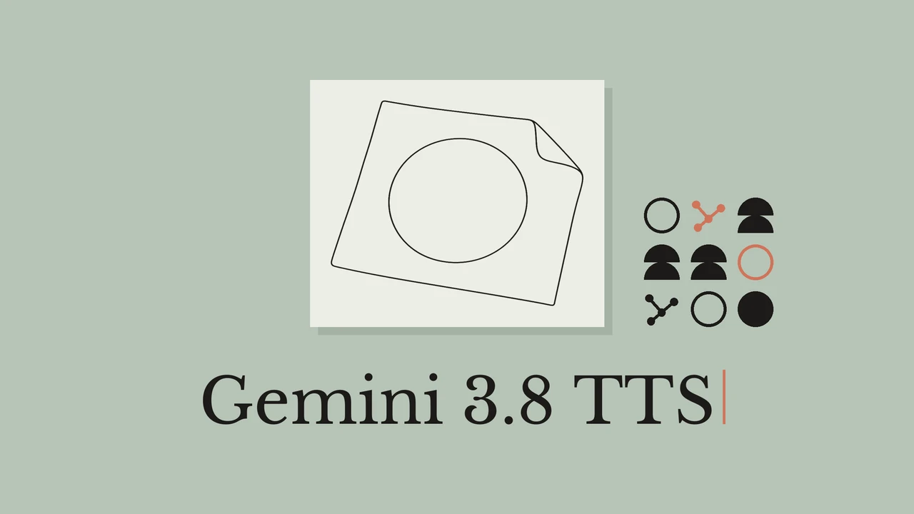세이지색 배경의 밝은 카드에 검은 선으로 그린 스텐실 시트와 Gemini 3.8 TTS 제목.