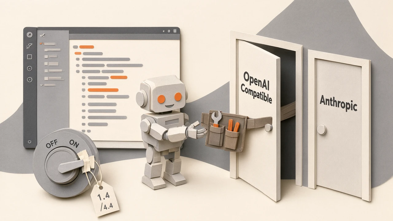 A cut-paper VS Code panel handing a labeled toolbelt to a small robot through a door marked OpenAI Compatible, with a reasoning dial welded to the on position and a price tag reading 1.4 slash 4.4, editorial illustration
