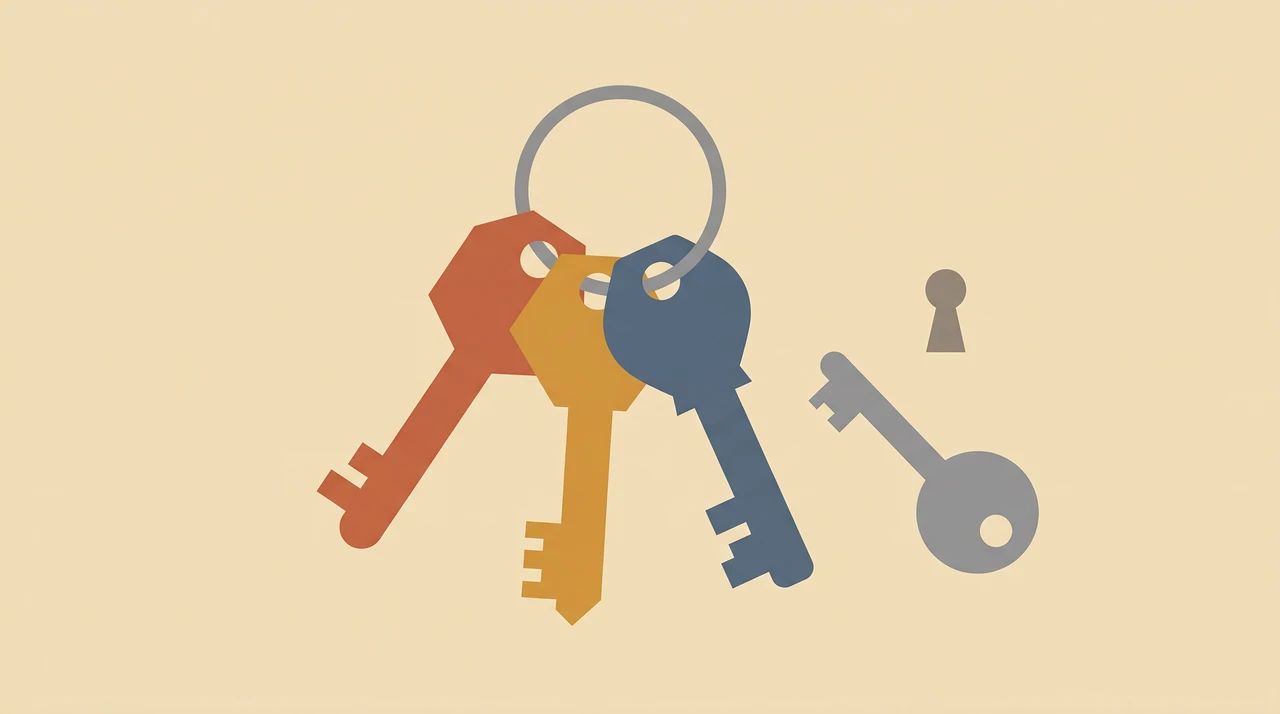 Flat geometric illustration of three labeled keys (Sol, Terra, Luna) on a keyring beside one blank unlabeled key that does not fit a lock, warm ochre and slate palette, Bauhaus poster style