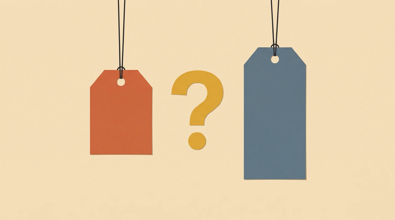 Two price tags on a warm sand background, a small terracotta tag reading half the size next to a slate tag twice as tall, with a question mark stamped between them in mustard ink, flat geometric Bauhaus poster style