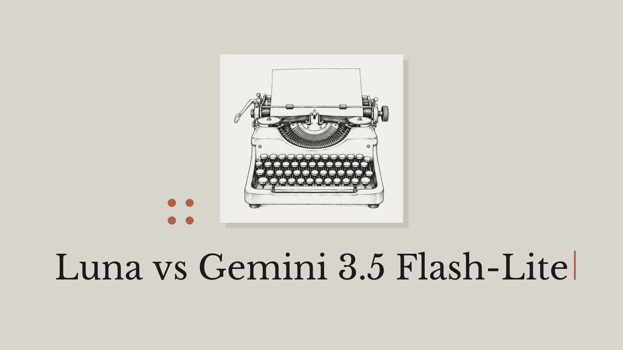A black typewriter line drawing on pale paper over a warm gray background, with dots and the title Luna vs Gemini 3.5 Flash-Lite.