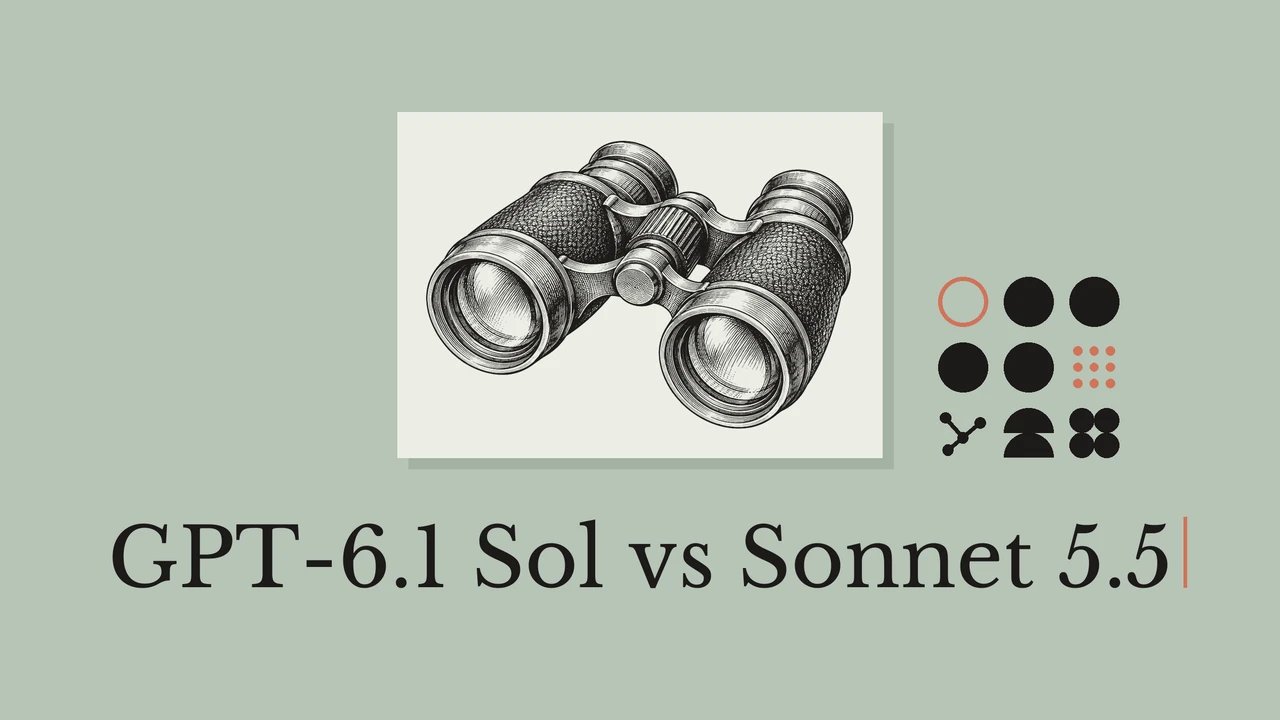 Контурный рисунок бинокля на шалфейном фоне с заголовком GPT-6.1 Sol vs Sonnet 5.5.