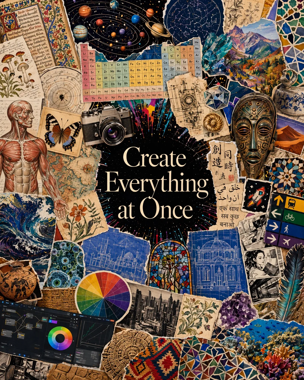 Collage poster showing art, science, history, and design around the phrase "Create Everything at Once"