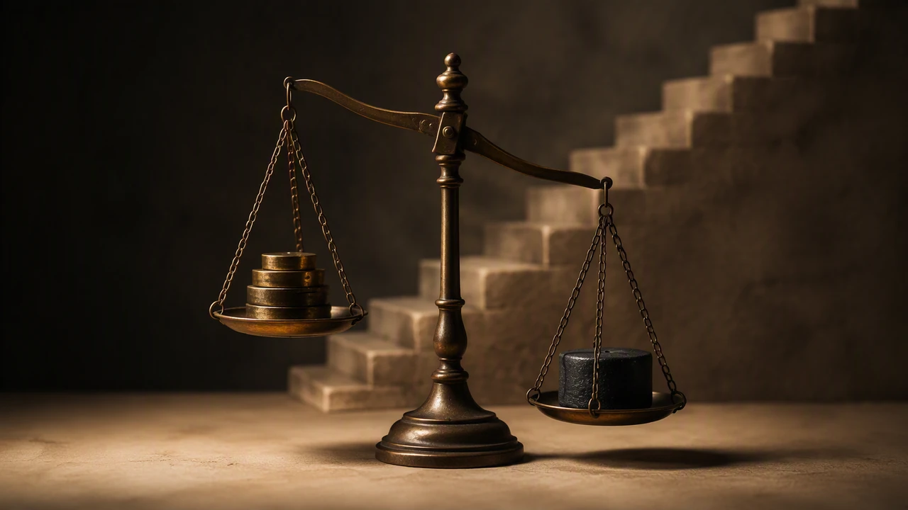 An antique brass balance scale in warm low light, the left pan holding a stack of metal discs and the right pan tipped lower under one dark charcoal weight, with a stepped stone staircase rising in the shadows behind