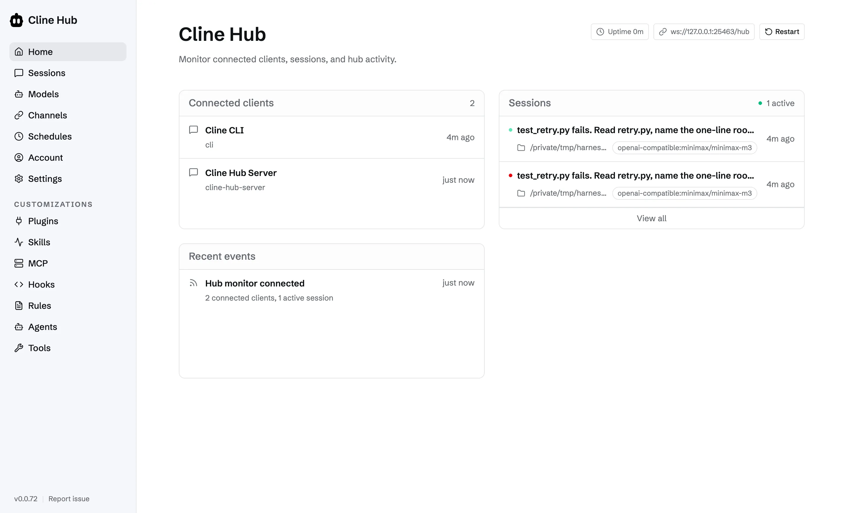 Cline Hub dashboard in a browser showing two connected clients, one active session running an openai-compatible deepseek-v4-flash model against a local working directory, and a recent-events feed