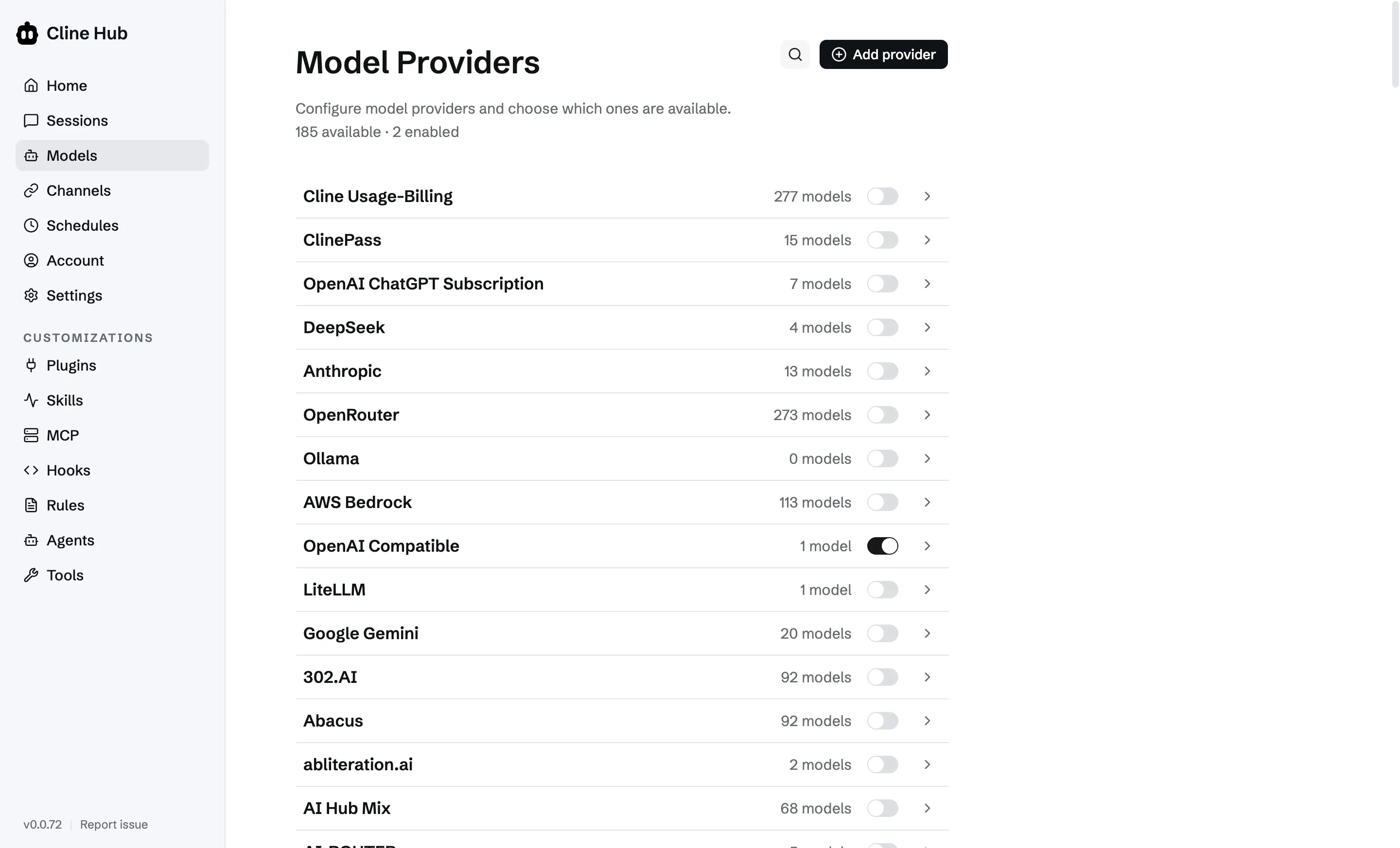 Cline's Model Providers screen listing 185 available providers with 2 enabled, including Cline Usage-Billing, OpenRouter, AWS Bedrock, LiteLLM and a custom OpenAI Compatible entry toggled on