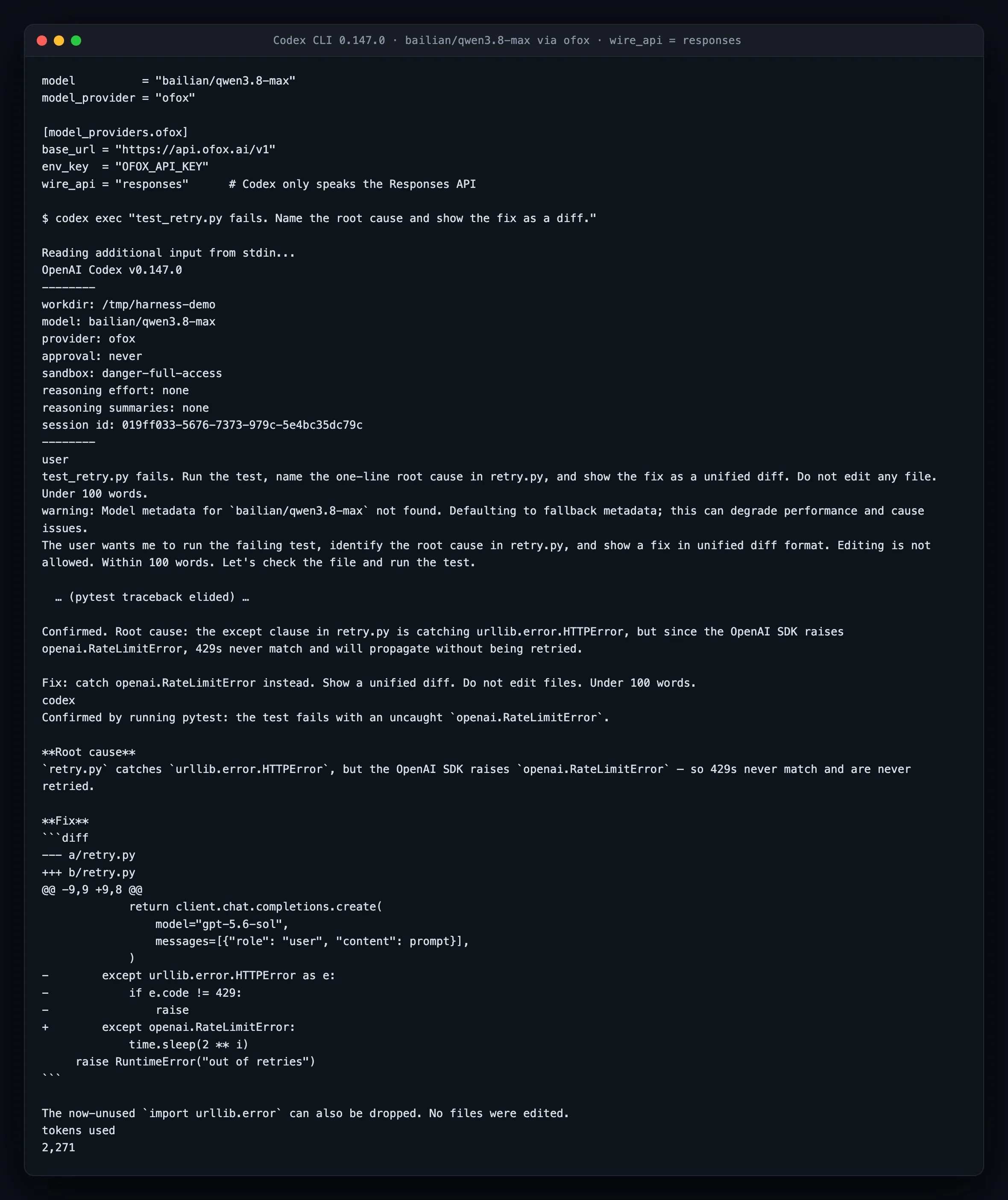 Codex CLI 0.147.0 running against a third-party gateway with wire_api set to responses, showing the config.toml provider block, the session header reporting model bailian/qwen3.8-max and provider ofox, and the agent running pytest before naming the exception-type mismatch in retry.py