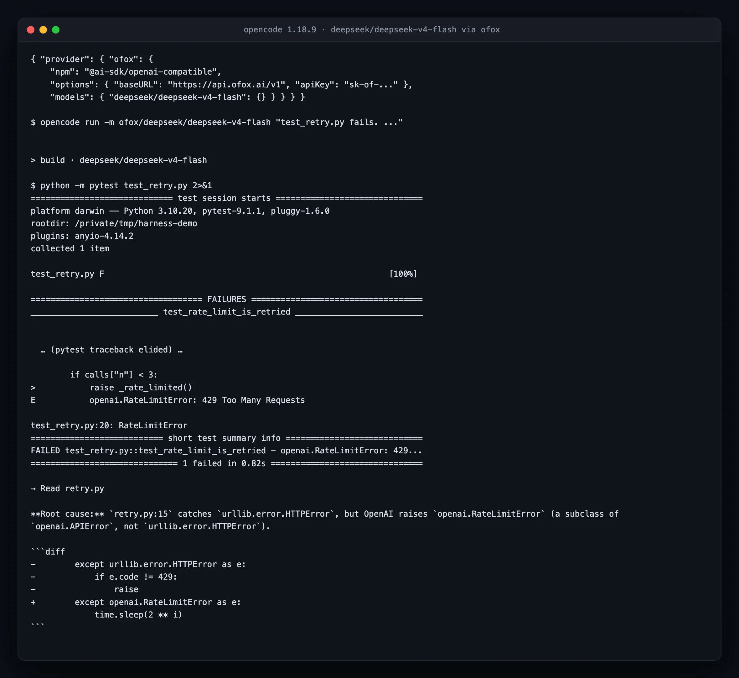 opencode 1.18.9 running deepseek/deepseek-v4-flash through a custom provider block, showing it execute pytest, print the full RateLimitError traceback, then read retry.py and name the exception-type mismatch