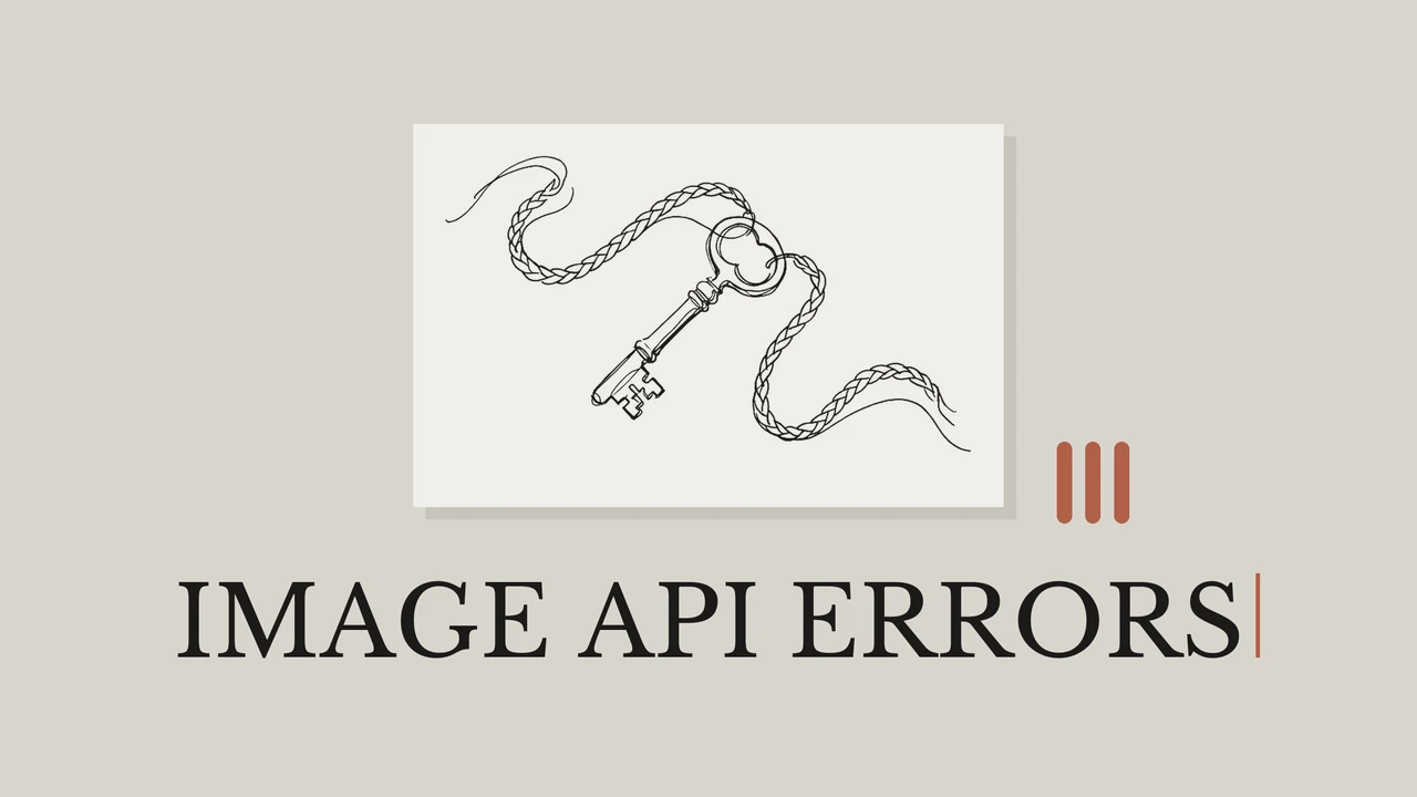 Чёрный линейный рисунок API-ключа с двумя проводами на светлой бумаге и заголовком Image API Errors