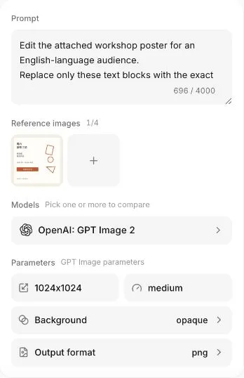 Actual English Ofox interface with the workshop source image attached, an editing prompt and image parameters.