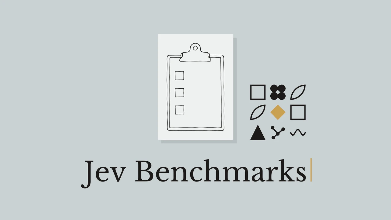 Clipboard line drawing on pale paper over a blue-gray background, titled Jev Benchmarks.