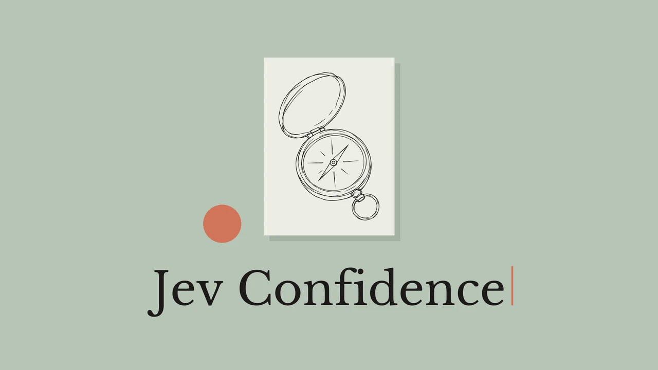 Compass line drawing on pale paper over sage green, titled Jev Confidence.