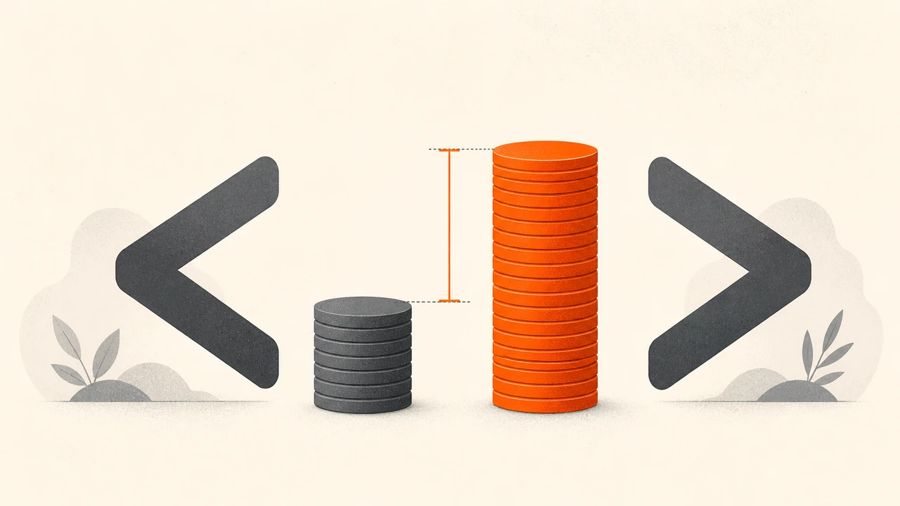 Two coin stacks of different heights framed by code chevrons, comparing per-run cost of Kimi K2.7 Code and GLM-5.2 on a warm cream background