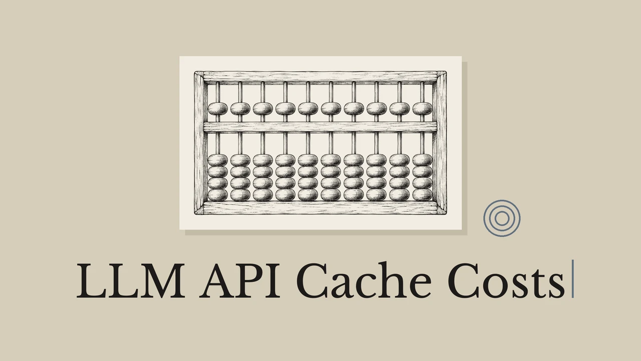 An ink drawing of an abacus on pale paper over a sand background, with concentric circles and the title LLM API Cache Costs.