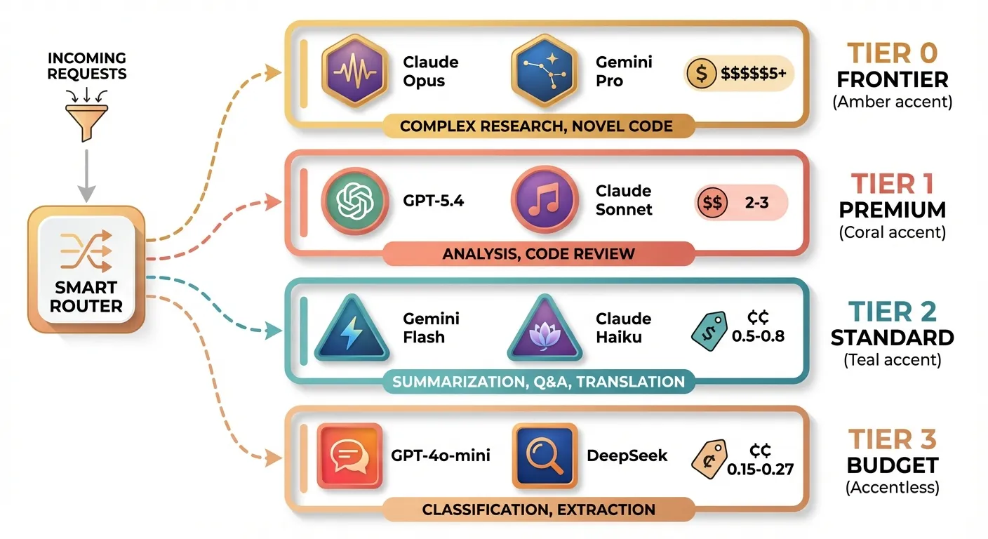 AI model tiering strategy — route requests to 4 cost tiers based on task complexity, from budget models at $0.15/1M tokens to frontier models at $5+/1M tokens