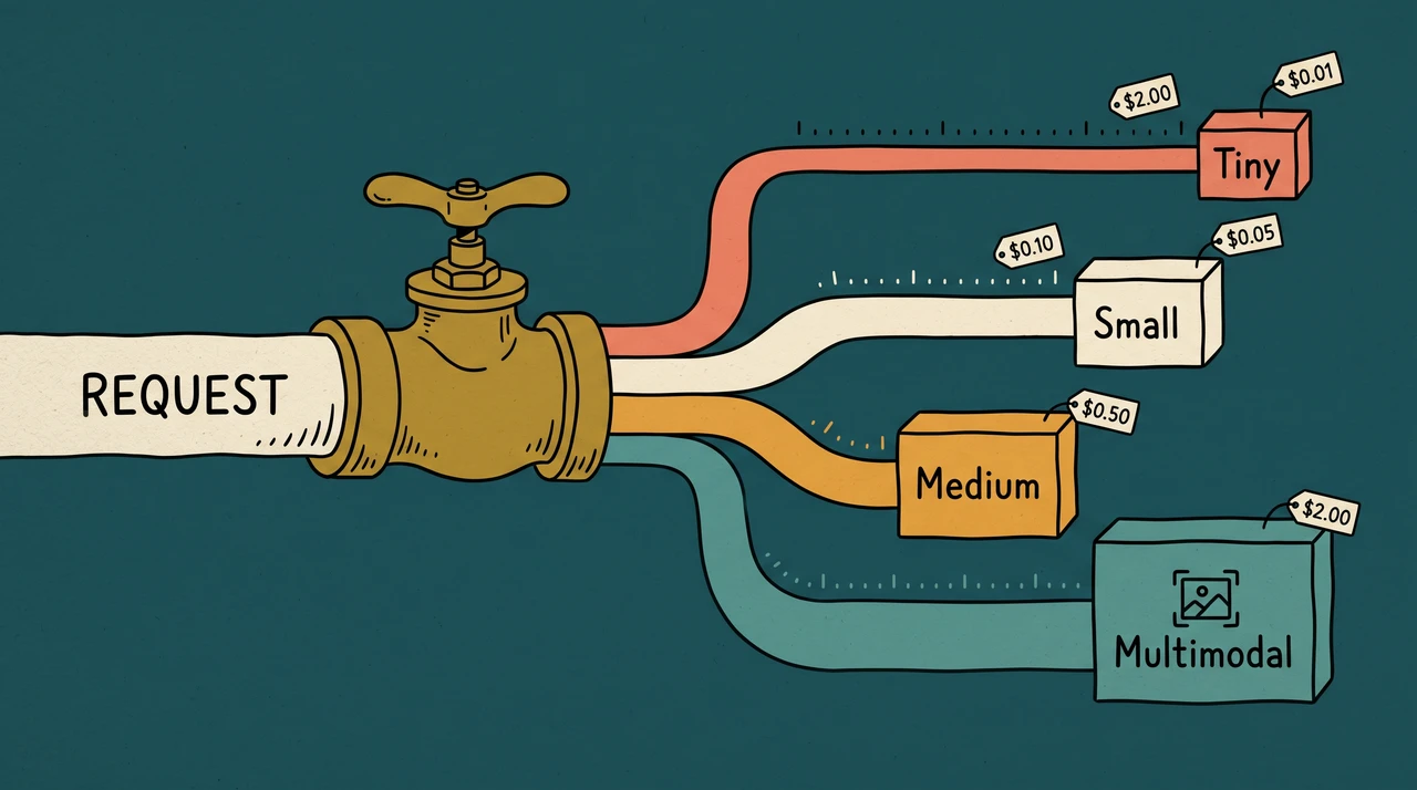 Editorial illustration of a single input pipe splitting through a hand-drawn brass routing valve into four distinct labeled channels flowing toward four destination boxes of different sizes, in Christoph Niemann minimalist conceptual style on a deep teal background with cream, amber, and coral channels