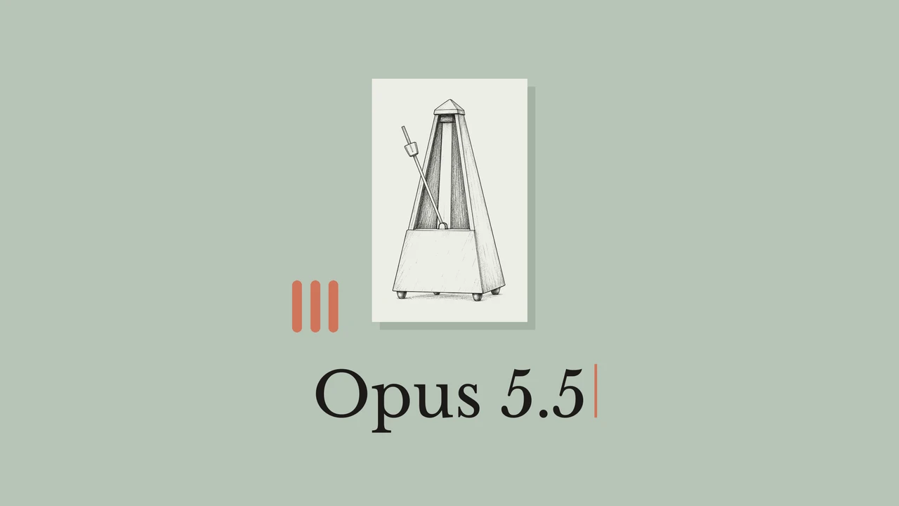 세이지색 배경 위 옅은 종이에 그린 메트로놈 선화와 주황색 막대, Opus 5.5 제목