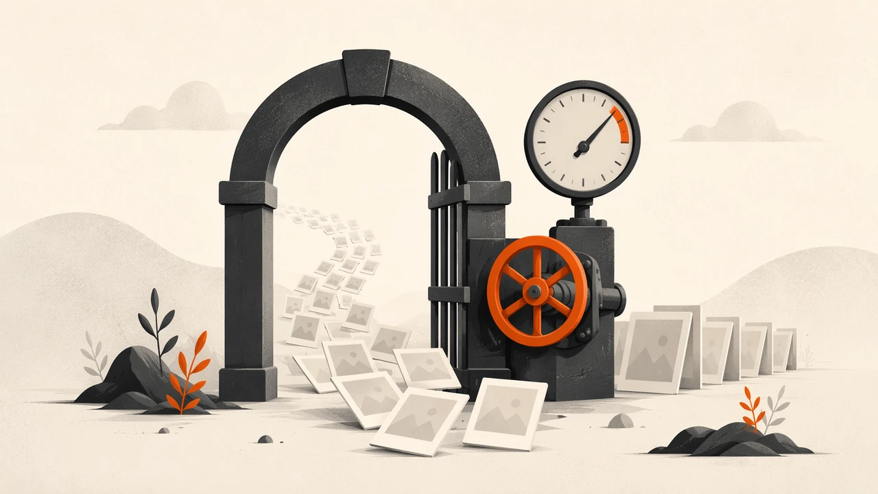 An open stone archway with picture frames flowing through it beside a partially closed valve wheel and a pressure gauge reading near its upper limit, illustrating free but metered API access