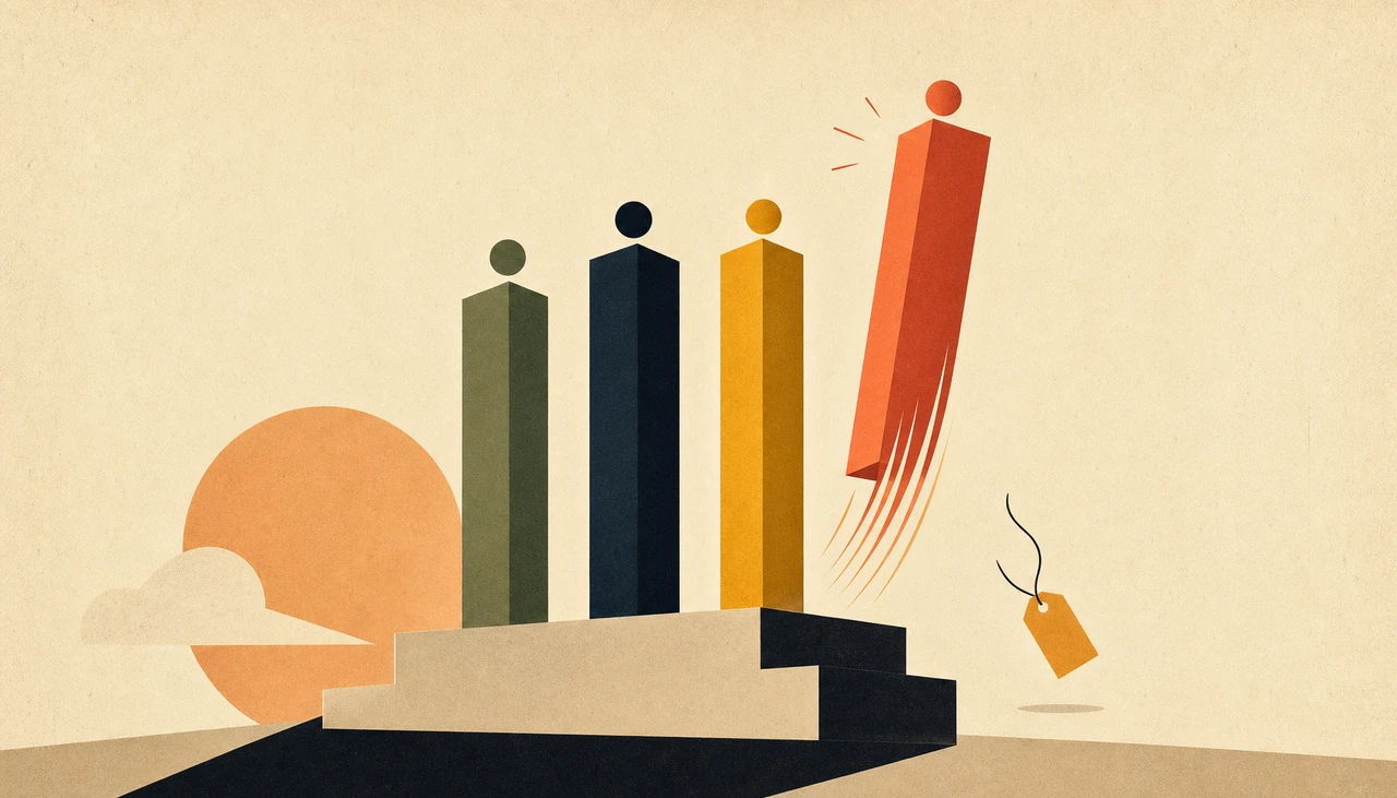 Editorial illustration of a stepped podium with the fourth figure rising up in warm coral, beside a small price tag drifting down