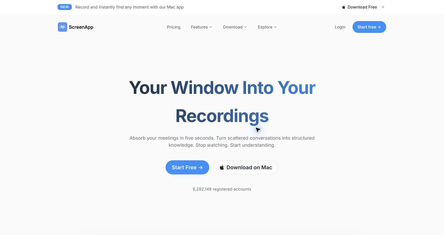 録画と情報整理に関する説明が掲載されたScreenAppのホームページ。