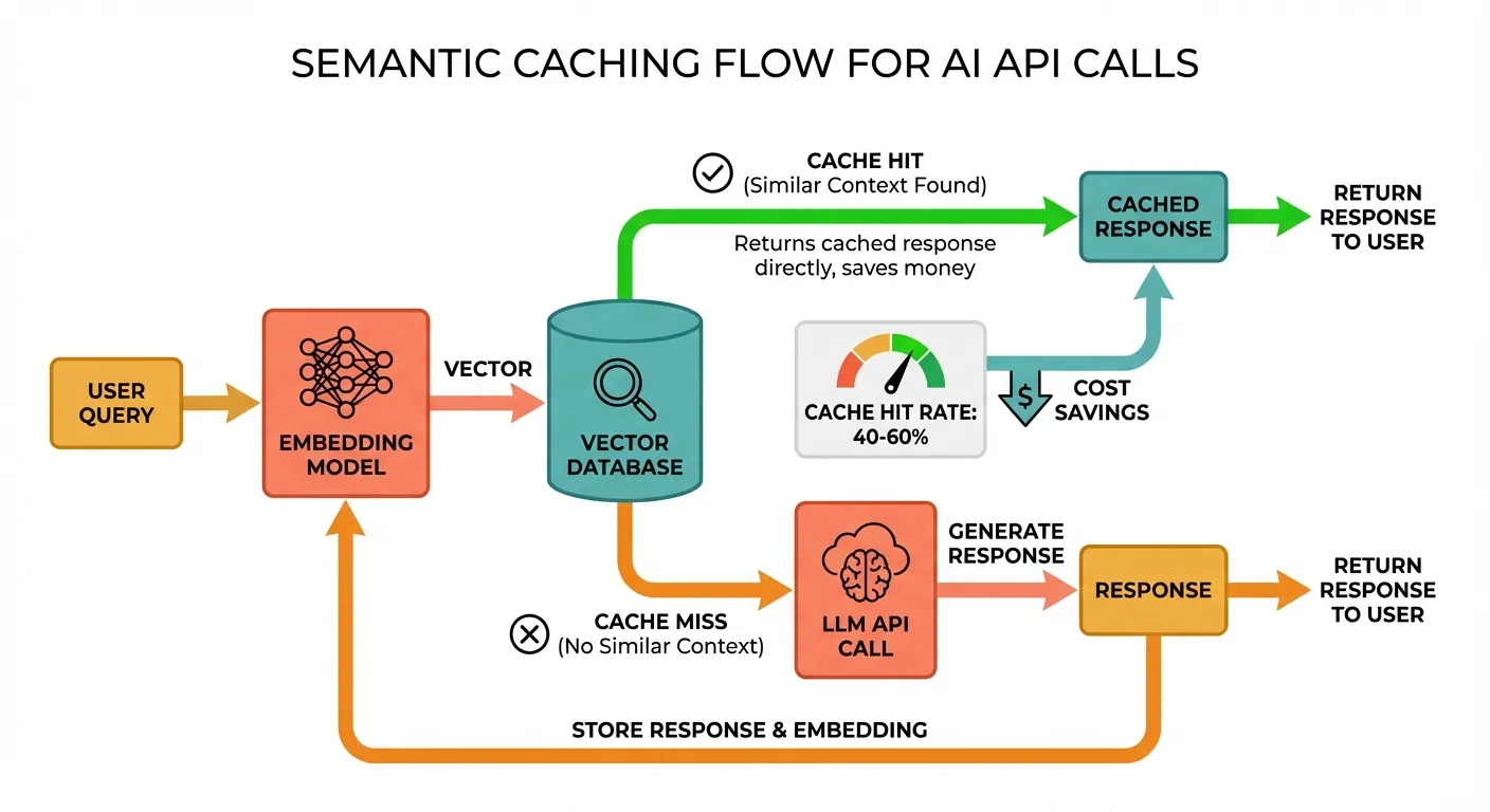 Semantic caching flow — user query is embedded, compared against vector cache; hits return instantly saving LLM costs, misses go to API then update cache