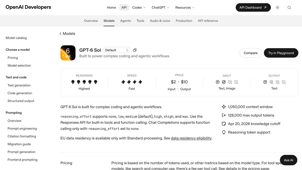 OpenAI 英文文档中的 GPT-6 Sol 型号与工具调用限制