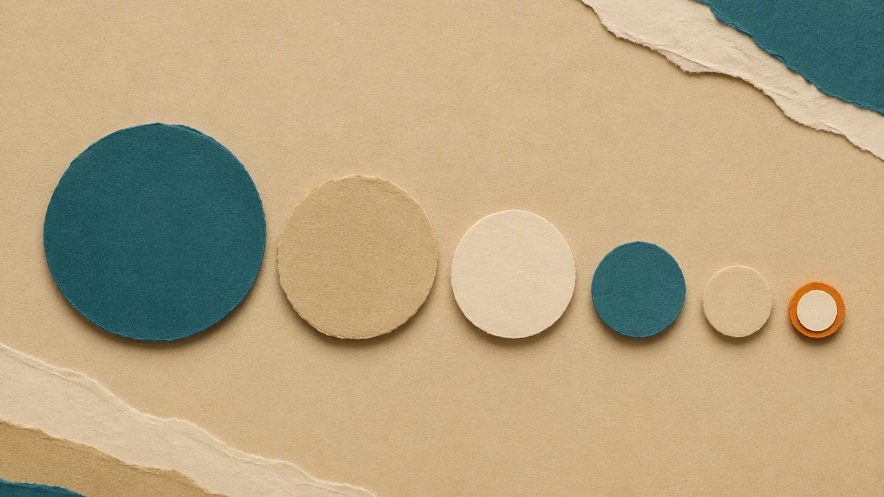 Six flat paper discs laid out in a row on sand-colored paper, decreasing in size from left to right, with the smallest one ringed in burnt orange