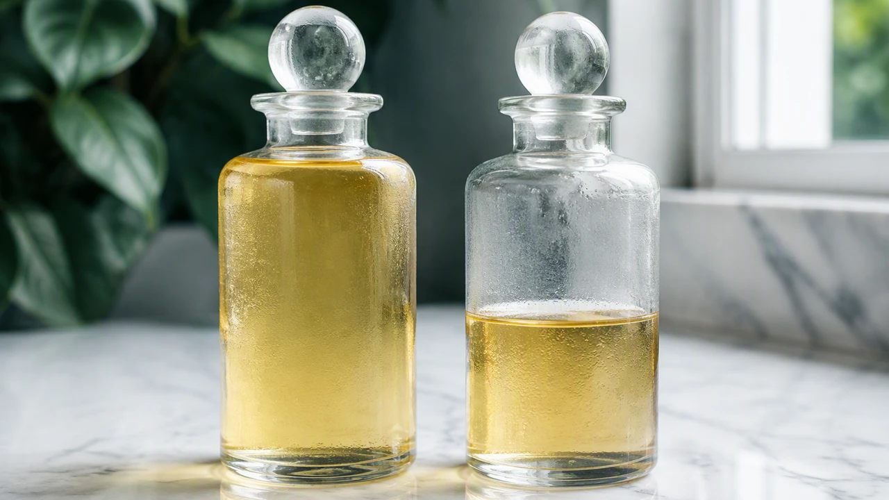 Two identical glass apothecary bottles on white marble, the left one filled to the brim with amber liquid and the right one only half full
