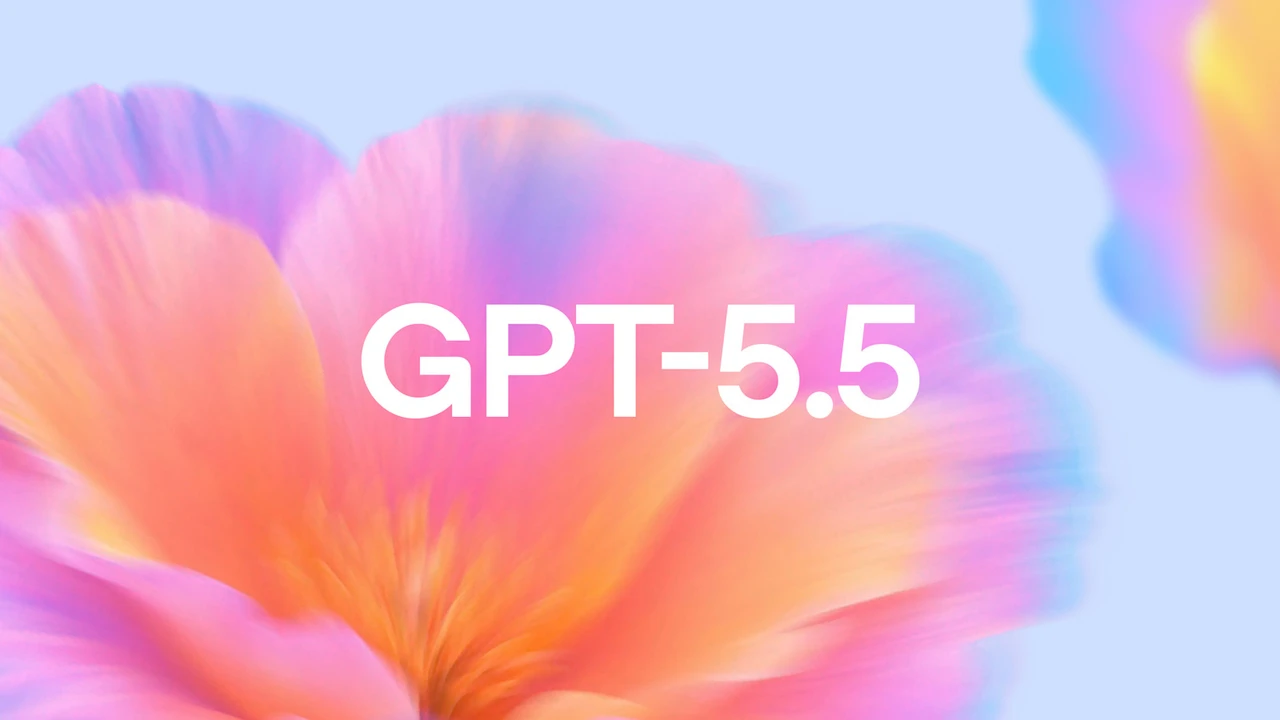 OpenAI official GPT-5.5 release cover showing a vivid gradient flower on pale-blue background